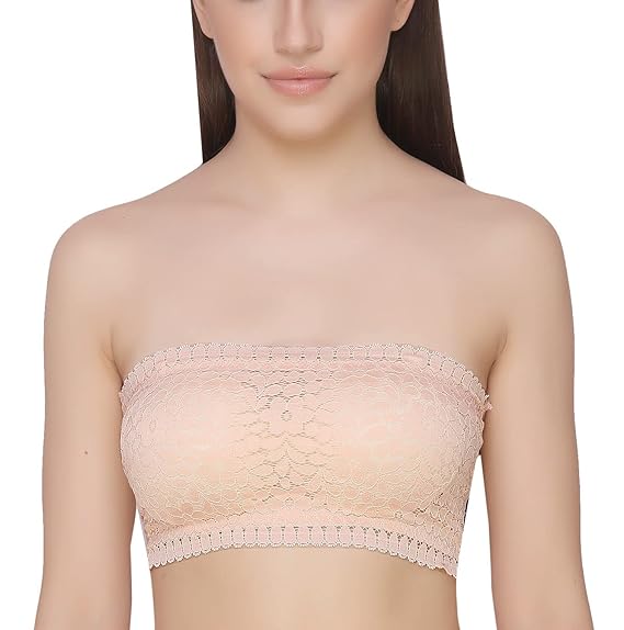 GLAMORAS Women’s Lace Tube Bra – Cotton Nylon Spandex, Padded, Wire-Free, Full Coverage with Back Hook